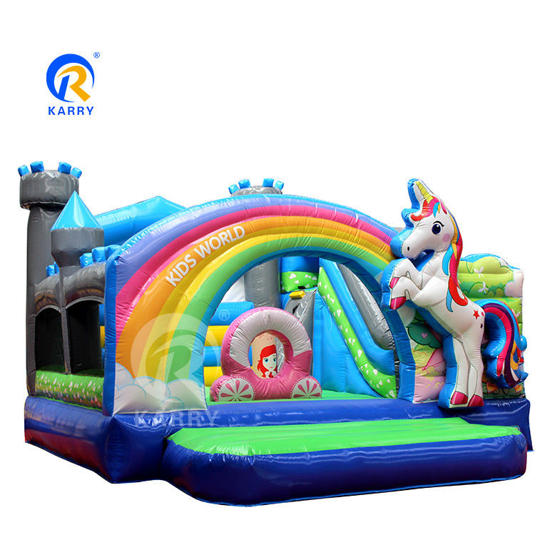 Arco iris PVC inflables Trampolín comercial de unicornio con deslizador y soplador